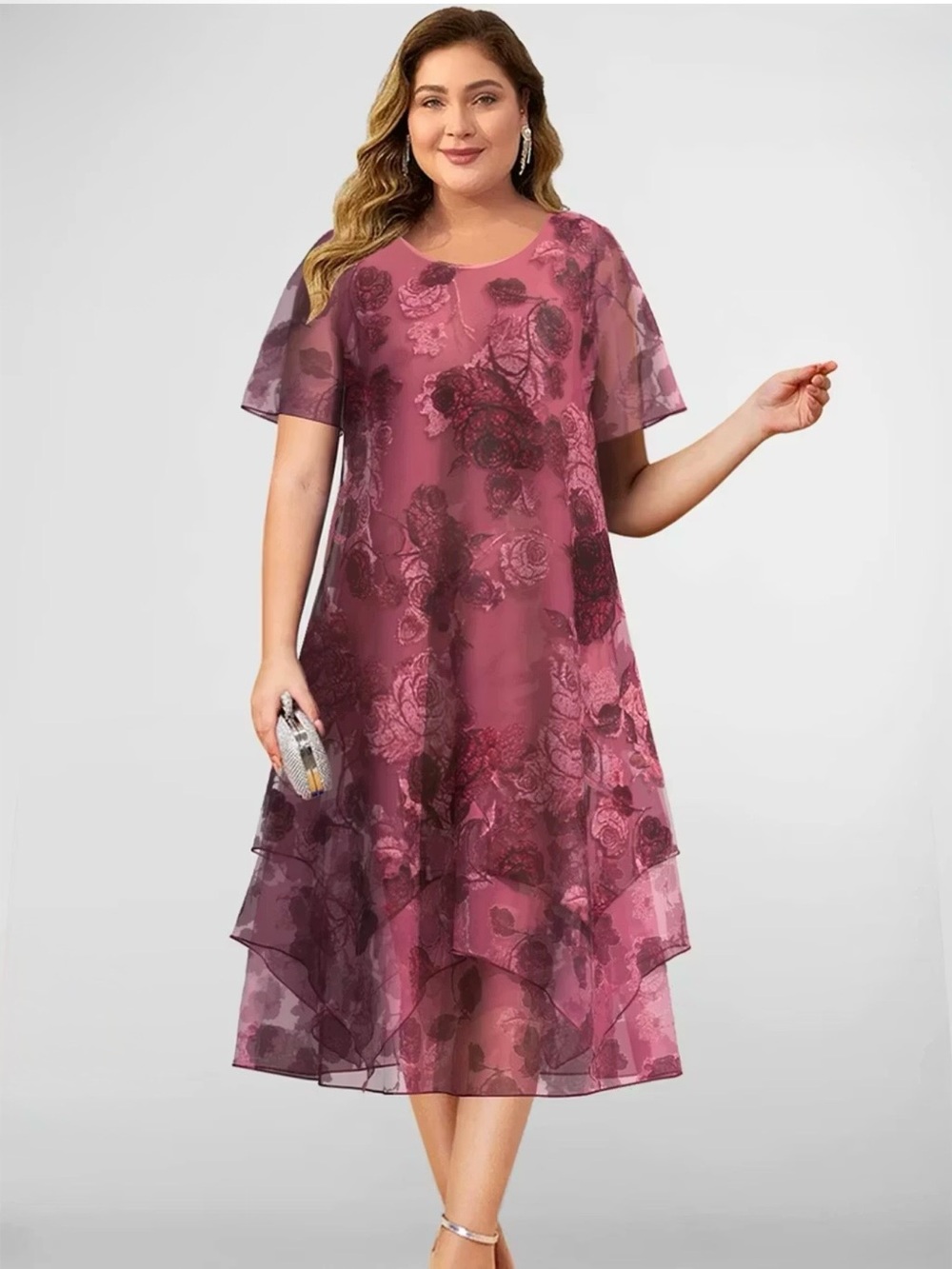FlyCurvy Mother of the Bride Plus Size Chiffon Floral Rose Midi Dress 2XL EUC!